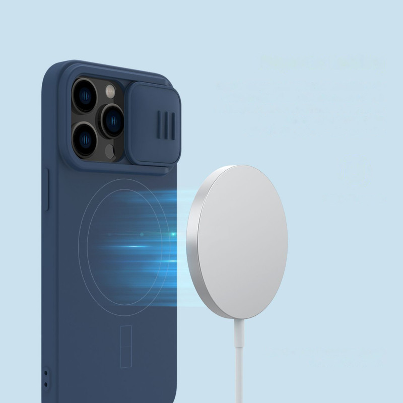 Nillkin CamShield magnetinis silikoninis dėklas iPhone 14 Pro magnetinis MagSafe dangtelis su fotoaparato apsauga žalia