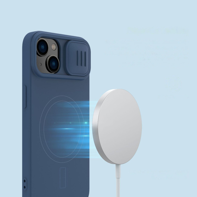 Nillkin CamShield magnetinis silikoninis dėklas iPhone 14 Plus magnetinis MagSafe dangtelis su fotoaparato apsauga juoda