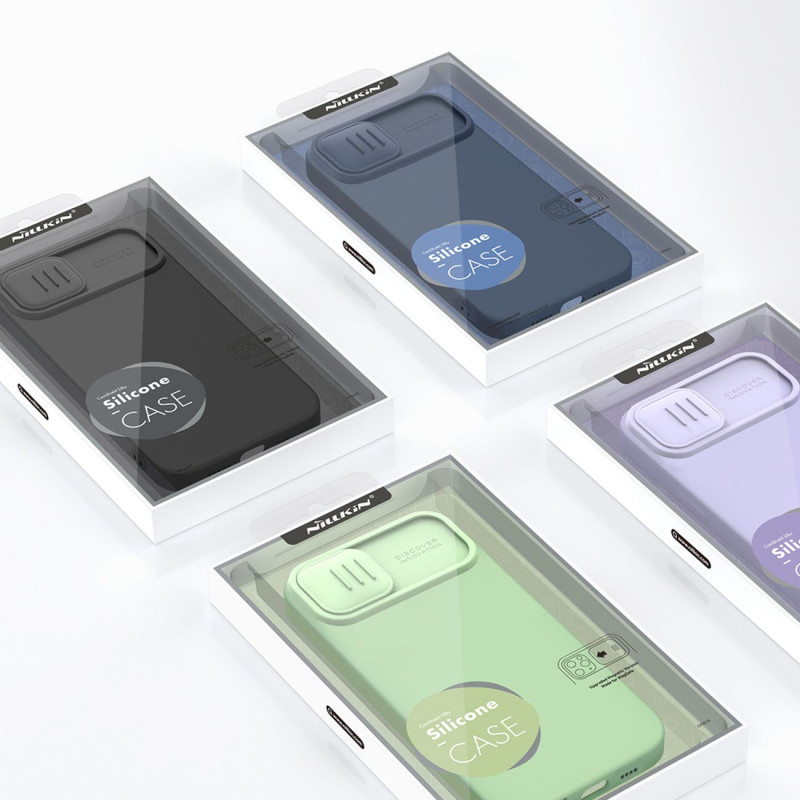 Nillkin CamShield šilkinis silikoninis dėklas iPhone 14 dėklo dangtelis su fotoaparato apsauga juoda