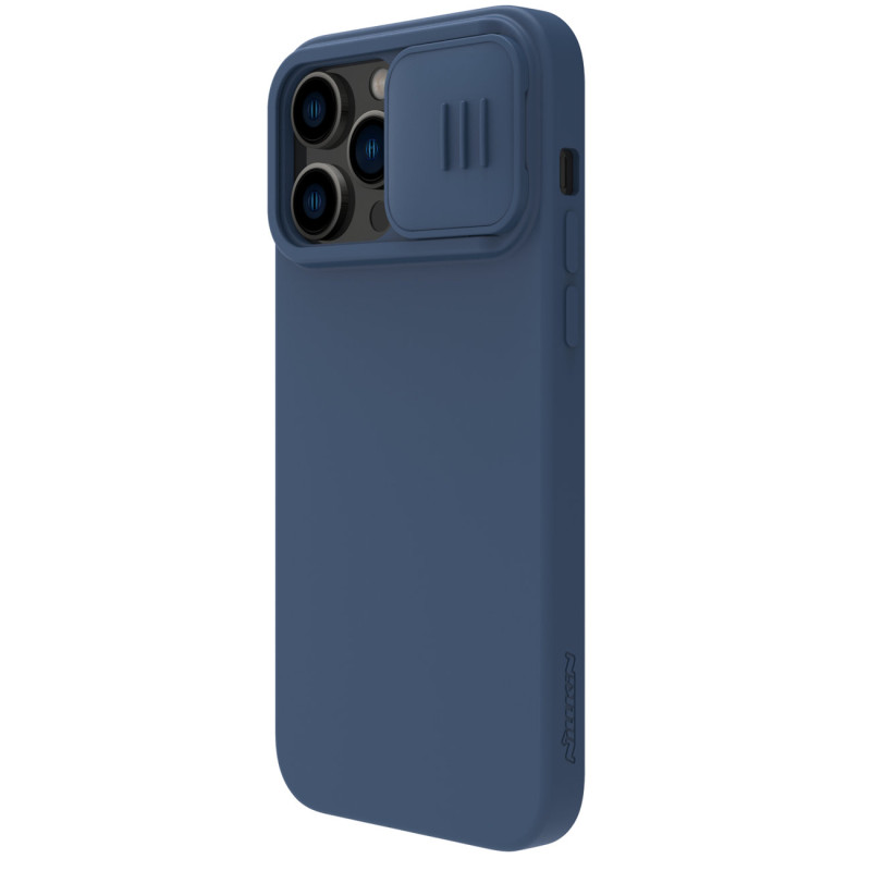 Nillkin CamShield Silky Silicone Case iPhone 14 Pro Max silikoninis dangtelis su fotoaparato apsauga mėlyna