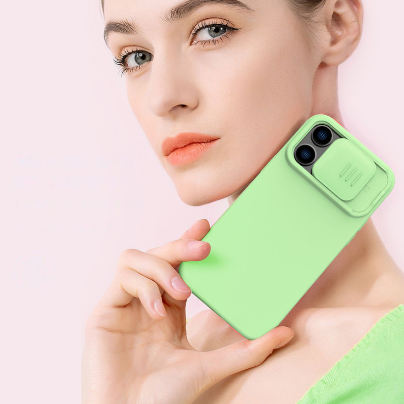 Nillkin CamShield Silky Silicone Case iPhone 14 Pro Max silikoninis dangtelis su fotoaparato apsauga mėlyna