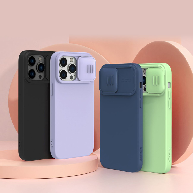 Nillkin CamShield Silky Silicone Case iPhone 14 Pro Max silikoninis dangtelis su fotoaparato apsauga mėlyna