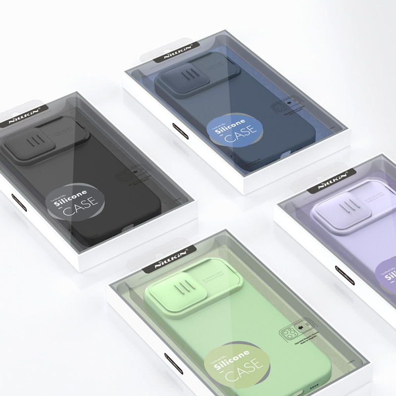 Nillkin CamShield Silky Silicone Case iPhone 14 Pro Max silikoninis dangtelis su fotoaparato apsauga mėlyna