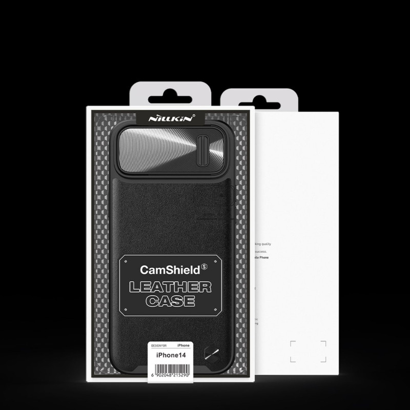 Nillkin CamShield Leather S Case iPhone 14 dėklo dangtelis su fotoaparato dangteliu juodas