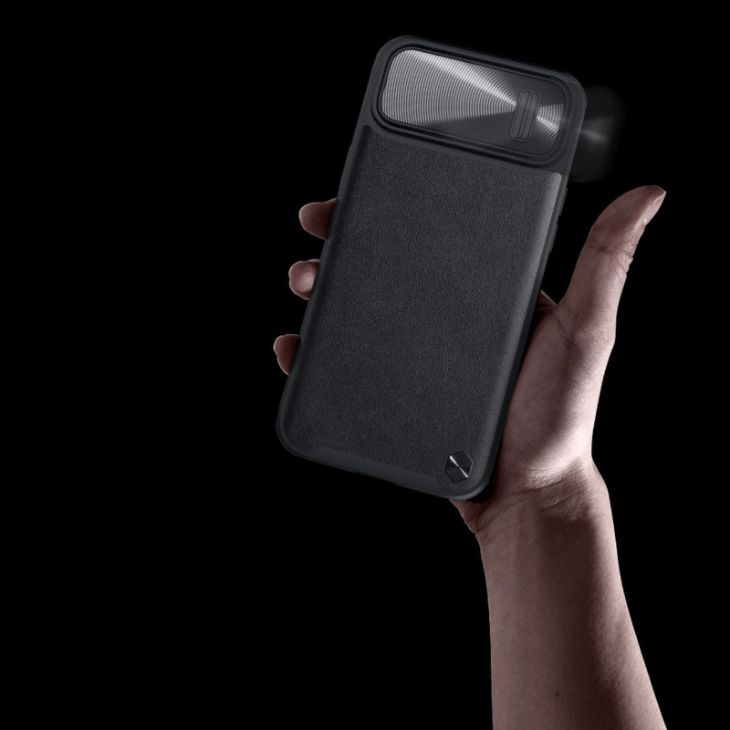 Nillkin CamShield Leather S Case iPhone 14 dėklo dangtelis su fotoaparato dangteliu juodas