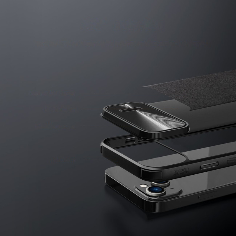 Nillkin CamShield Leather S Case iPhone 14 dėklo dangtelis su fotoaparato dangteliu juodas