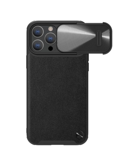 Nillkin CamShield Leather S Case iPhone 14 Pro dėklas su fotoaparato dangteliu juodos spalvos Nillkin CamShield Leather S Case iPhone 14 Pro dėklas su fotoaparato dangteliu juodos spalvos