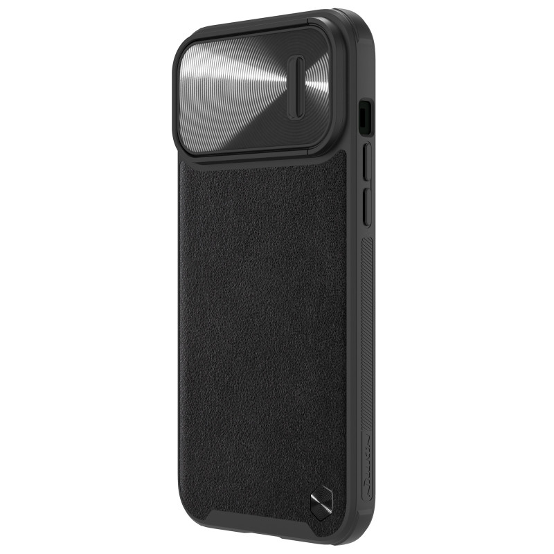Nillkin CamShield Leather S Case iPhone 14 Pro dėklas su fotoaparato dangteliu juodos spalvos