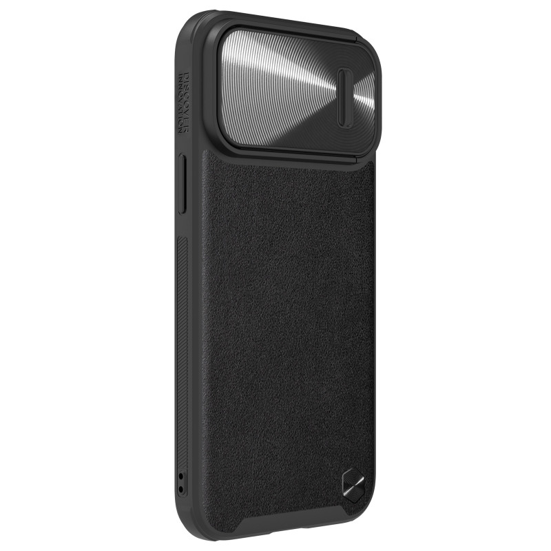 Nillkin CamShield Leather S Case iPhone 14 Pro dėklas su fotoaparato dangteliu juodos spalvos