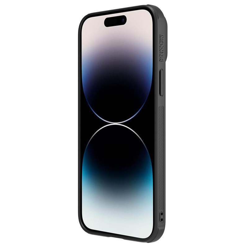 Nillkin CamShield Leather S Case iPhone 14 Pro dėklas su fotoaparato dangteliu juodos spalvos