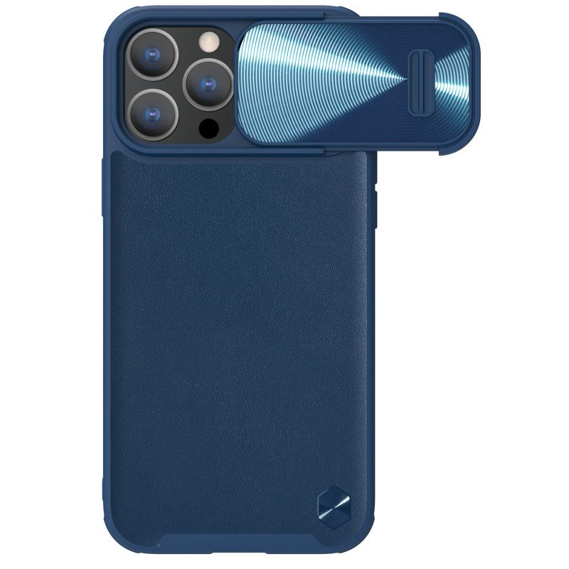 Nillkin CamShield Leather S Case iPhone 14 Pro dėklas su fotoaparato dangteliu mėlynos spalvos Nillkin CamShield Leather S Case iPhone 14 Pro dėklas su fotoaparato dangteliu mėlynos spalvos