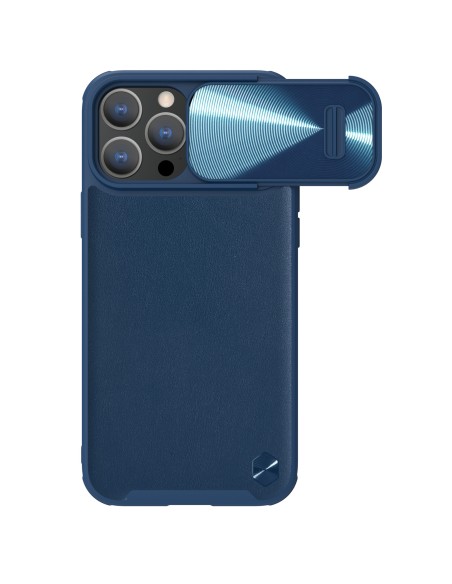 Nillkin CamShield Leather S Case iPhone 14 Pro dėklas su fotoaparato dangteliu mėlynos spalvos Nillkin CamShield Leather S Case iPhone 14 Pro dėklas su fotoaparato dangteliu mėlynos spalvos