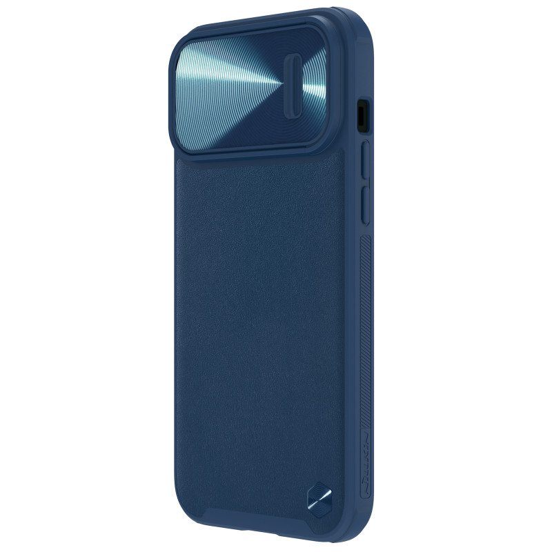 Nillkin CamShield Leather S Case iPhone 14 Pro dėklas su fotoaparato dangteliu mėlynos spalvos
