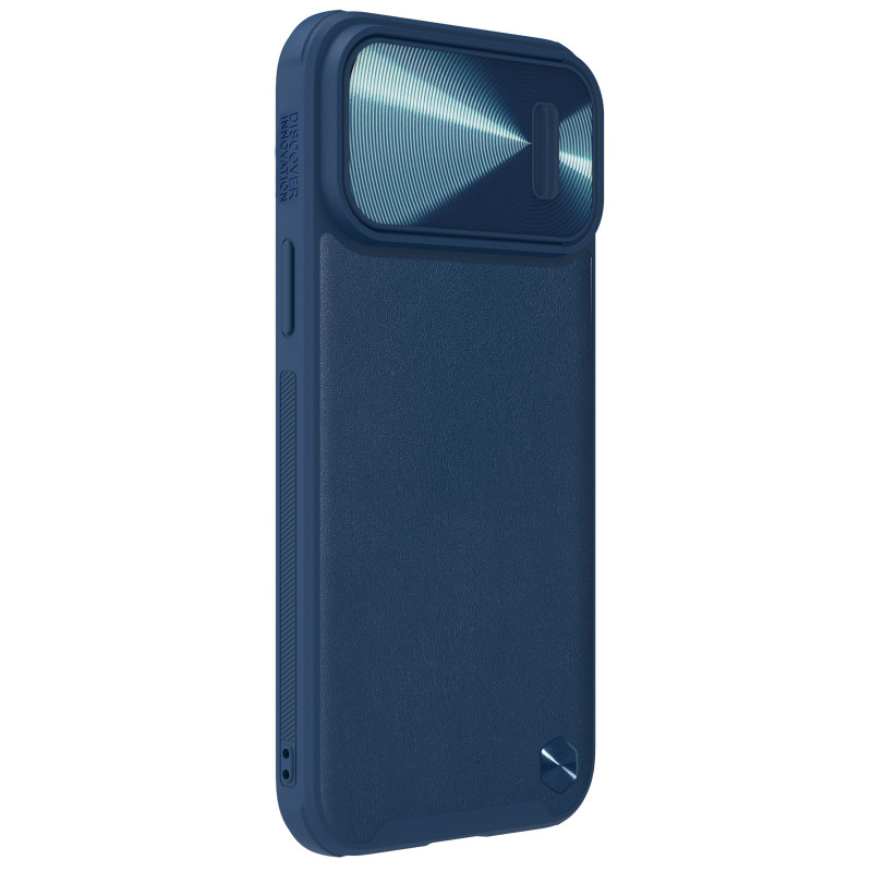 Nillkin CamShield Leather S Case iPhone 14 Pro dėklas su fotoaparato dangteliu mėlynos spalvos