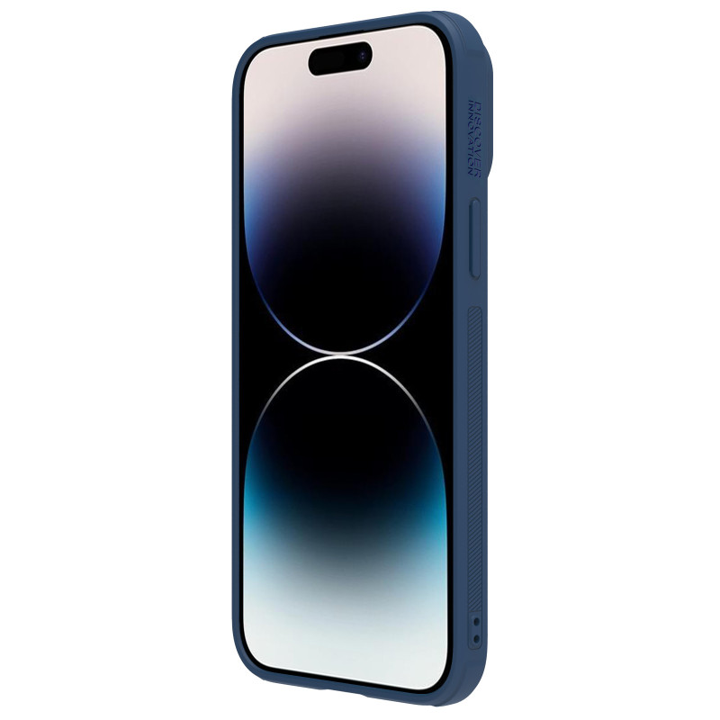 Nillkin CamShield Leather S Case iPhone 14 Pro dėklas su fotoaparato dangteliu mėlynos spalvos