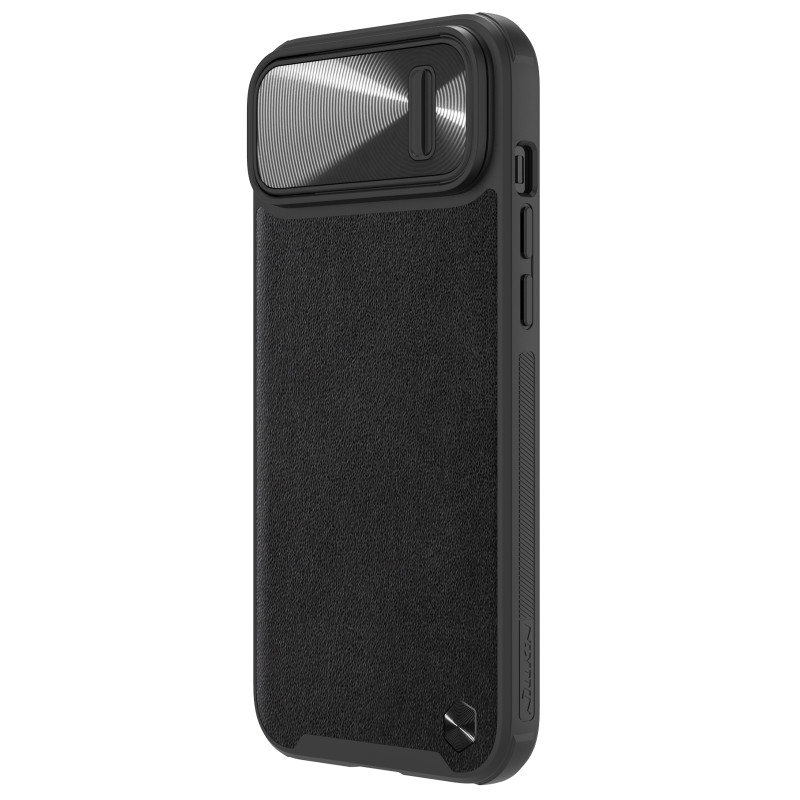 Nillkin CamShield Leather S Case iPhone 14 Plus dėklas su fotoaparato dangteliu juodas