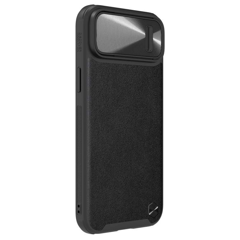 Nillkin CamShield Leather S Case iPhone 14 Plus dėklas su fotoaparato dangteliu juodas