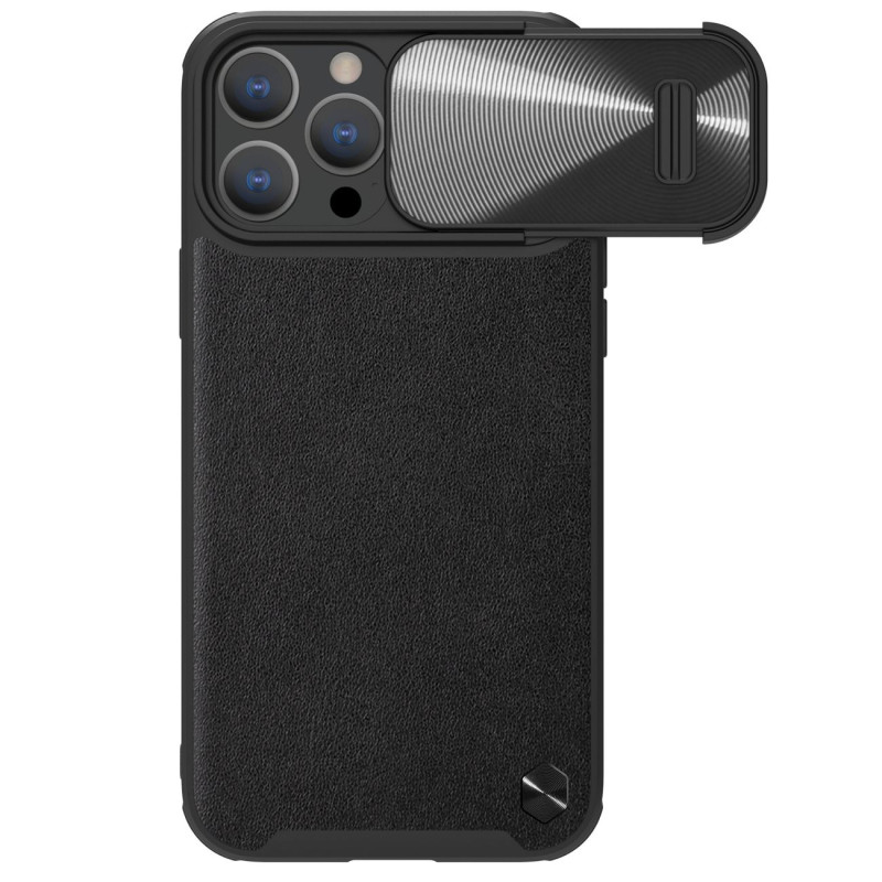 Nillkin CamShield Leather S Case iPhone 14 Pro Max dėklas su fotoaparato dangteliu juodos spalvos