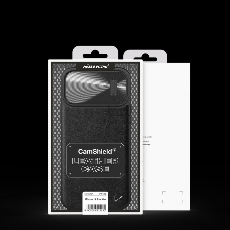 Nillkin CamShield Leather S Case iPhone 14 Pro Max dėklas su fotoaparato dangteliu juodos spalvos