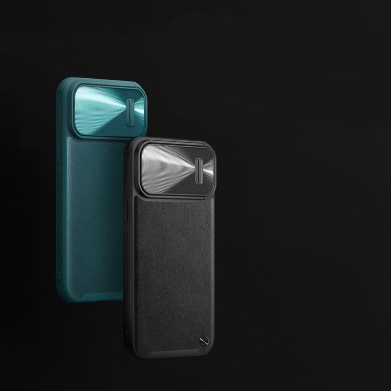 Nillkin CamShield Leather S Case iPhone 14 Pro Max dėklas su fotoaparato dangteliu juodos spalvos