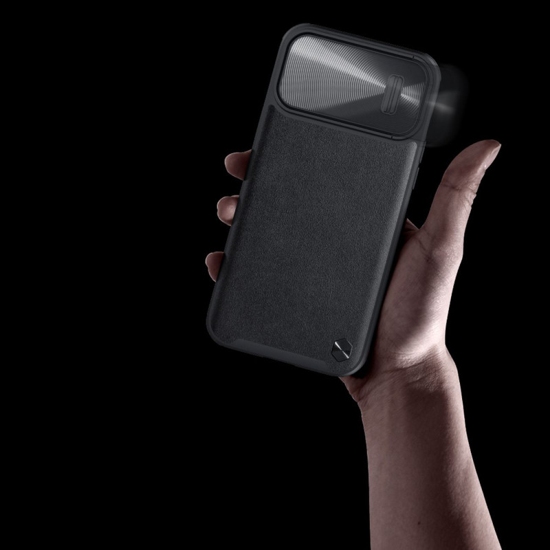 Nillkin CamShield Leather S Case iPhone 14 Pro Max dėklas su fotoaparato dangteliu juodos spalvos