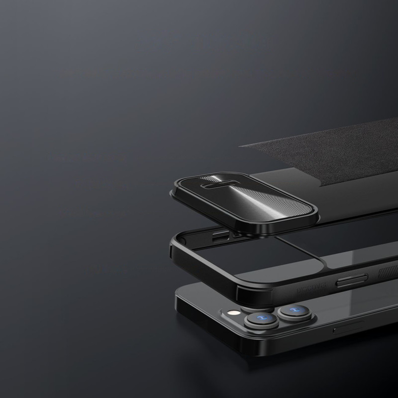 Nillkin CamShield Leather S Case iPhone 14 Pro Max dėklas su fotoaparato dangteliu juodos spalvos