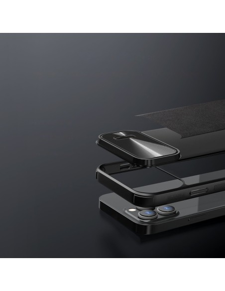 Nillkin CamShield Leather S Case iPhone 14 Pro Max dėklas su fotoaparato dangteliu juodos spalvos Nillkin CamShield Leather S Case iPhone 14 Pro Max dėklas su fotoaparato dangteliu juodos spalvos