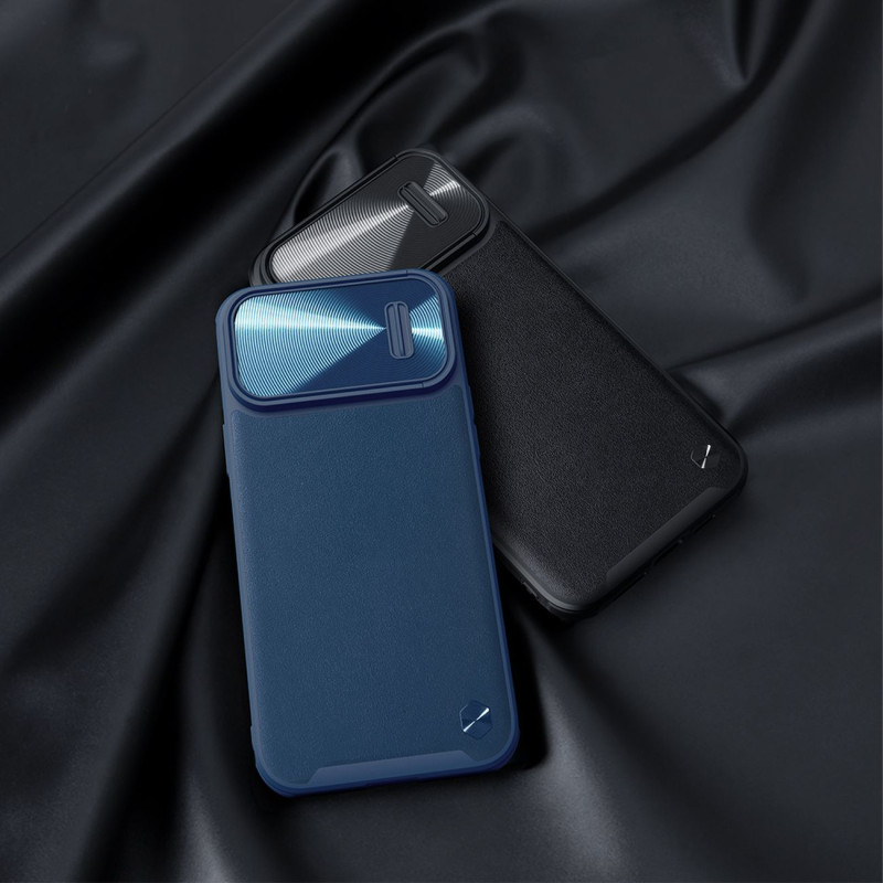 Nillkin CamShield Leather S Case iPhone 14 Pro Max dėklas su fotoaparato dangteliu juodos spalvos