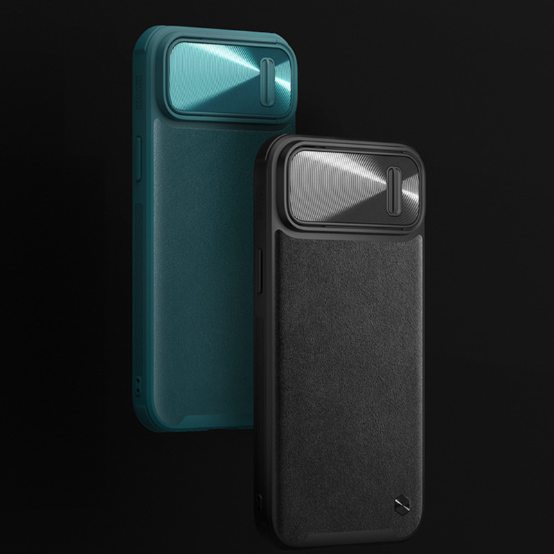 Nillkin CamShield Leather S Case iPhone 14 Pro Max dėklas su fotoaparato dangteliu žalias