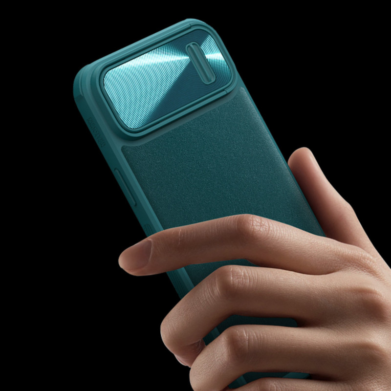 Nillkin CamShield Leather S Case iPhone 14 Pro Max dėklas su fotoaparato dangteliu žalias