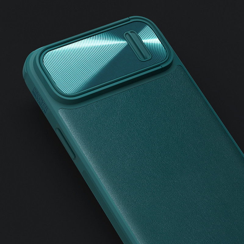 Nillkin CamShield Leather S Case iPhone 14 Pro Max dėklas su fotoaparato dangteliu žalias