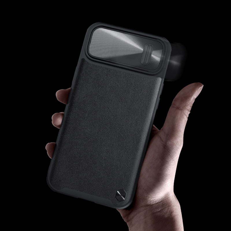 Nillkin CamShield Leather S Case iPhone 14 Pro Max dėklas su fotoaparato dangteliu žalias