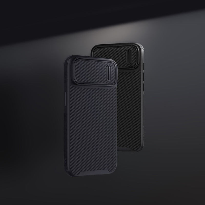 Nillkin Synthetic Fiber S Case iPhone 14 dėklas su fotoaparato dangteliu, juodas