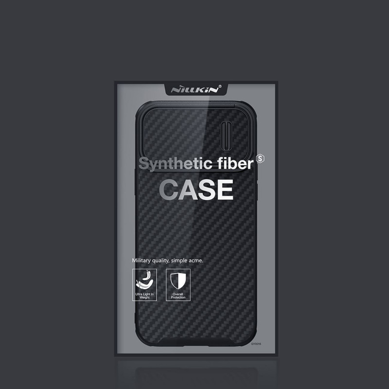 Nillkin Synthetic Fiber S Case iPhone 14 Pro dėklas su fotoaparato dangteliu, juodas