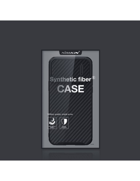 Nillkin Synthetic Fiber S Case iPhone 14 Pro dėklas su fotoaparato dangteliu, juodas Nillkin Synthetic Fiber S Case iPhone 14 Pro dėklas su fotoaparato dangteliu, juodas