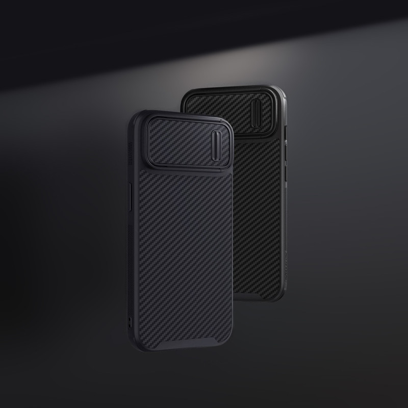 Nillkin Synthetic Fiber S Case iPhone 14 Pro dėklas su fotoaparato dangteliu, juodas