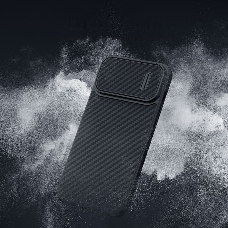 Nillkin Synthetic Fiber S Case iPhone 14 Pro dėklas su fotoaparato dangteliu, juodas
