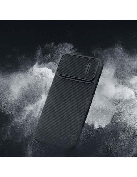 Nillkin Synthetic Fiber S Case iPhone 14 Pro dėklas su fotoaparato dangteliu, juodas Nillkin Synthetic Fiber S Case iPhone 14 Pro dėklas su fotoaparato dangteliu, juodas