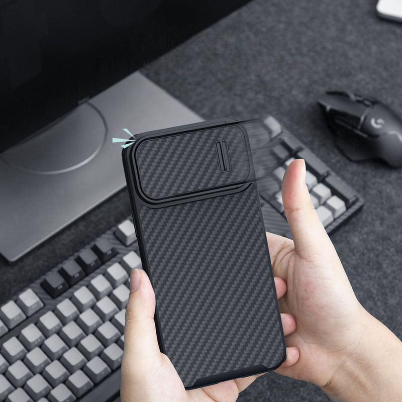 Nillkin Synthetic Fiber S Case iPhone 14 Pro dėklas su fotoaparato dangteliu, juodas
