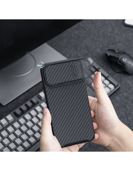 Nillkin Synthetic Fiber S Case iPhone 14 Pro dėklas su fotoaparato dangteliu, juodas Nillkin Synthetic Fiber S Case iPhone 14 Pro dėklas su fotoaparato dangteliu, juodas