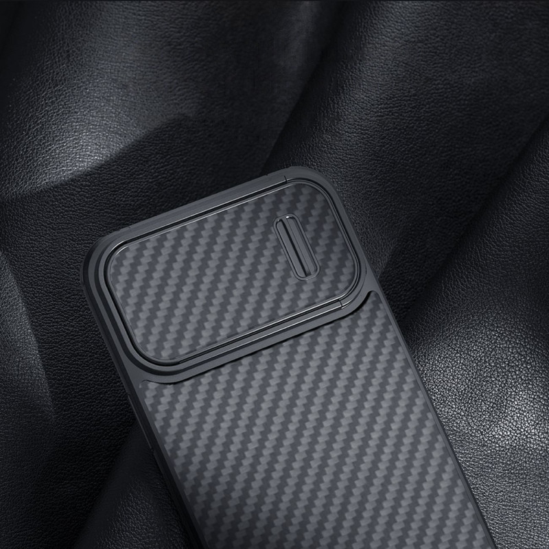Nillkin Synthetic Fiber S Case iPhone 14 Pro dėklas su fotoaparato dangteliu, juodas
