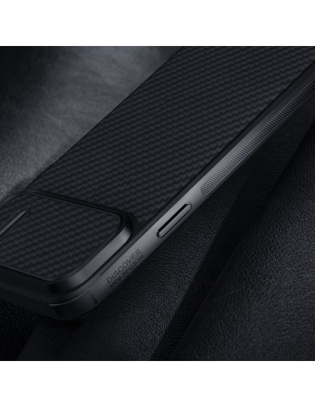 Nillkin Synthetic Fiber S Case iPhone 14 Pro dėklas su fotoaparato dangteliu, juodas Nillkin Synthetic Fiber S Case iPhone 14 Pro dėklas su fotoaparato dangteliu, juodas