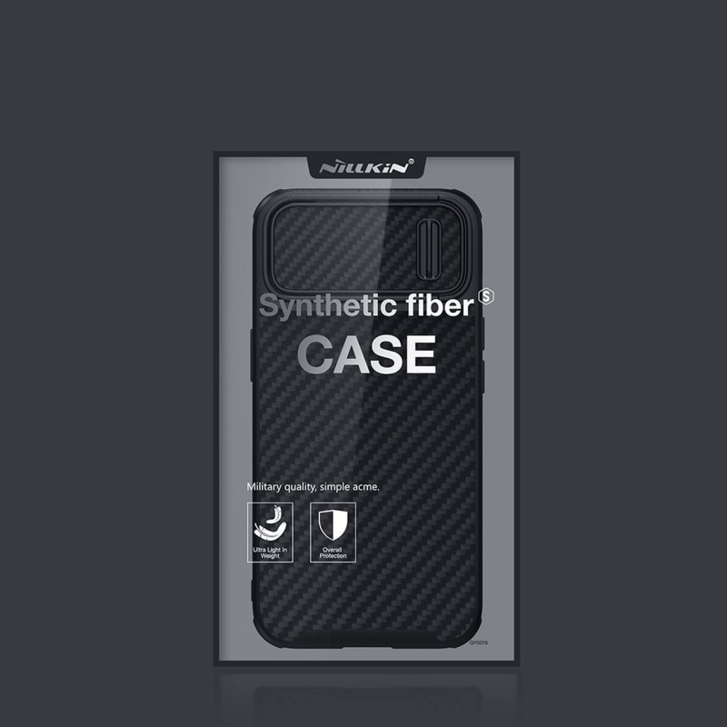 Nillkin Synthetic Fiber S Case iPhone 14 Plus dėklas su fotoaparato dangteliu, juodas