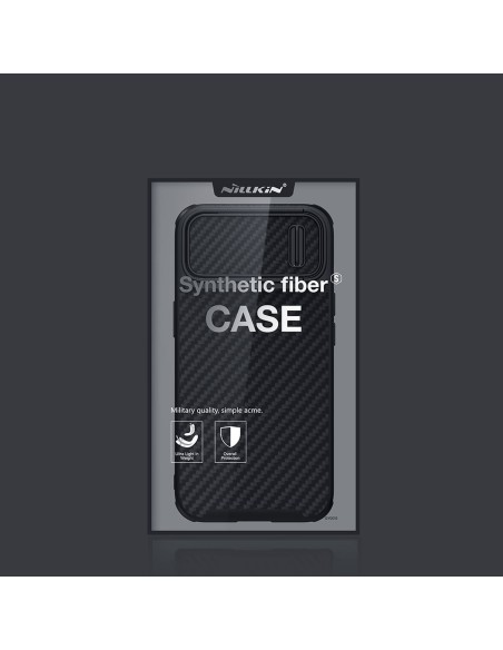 Nillkin Synthetic Fiber S Case iPhone 14 Plus dėklas su fotoaparato dangteliu, juodas Nillkin Synthetic Fiber S Case iPhone 14 Plus dėklas su fotoaparato dangteliu, juodas