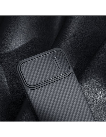 Nillkin Synthetic Fiber S Case iPhone 14 Plus dėklas su fotoaparato dangteliu, juodas Nillkin Synthetic Fiber S Case iPhone 14 Plus dėklas su fotoaparato dangteliu, juodas