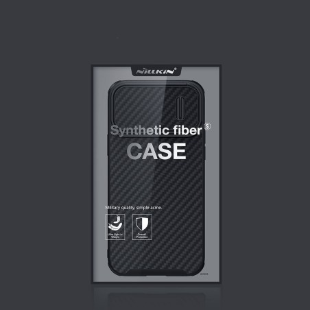 Nillkin Synthetic Fiber S Case iPhone 14 Pro Max dėklas su fotoaparato dangteliu, juodas Nillkin Synthetic Fiber S Case iPhone 14 Pro Max dėklas su fotoaparato dangteliu, juodas