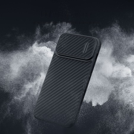 Nillkin Synthetic Fiber S Case iPhone 14 Pro Max dėklas su fotoaparato dangteliu, juodas Nillkin Synthetic Fiber S Case iPhone 14 Pro Max dėklas su fotoaparato dangteliu, juodas