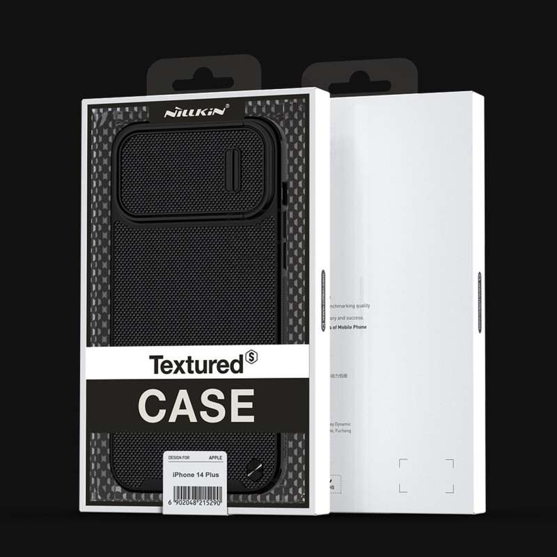 Nillkin Textured S Case iPhone 14 Plus šarvuotas dangtelis su fotoaparato dangteliu, juodas
