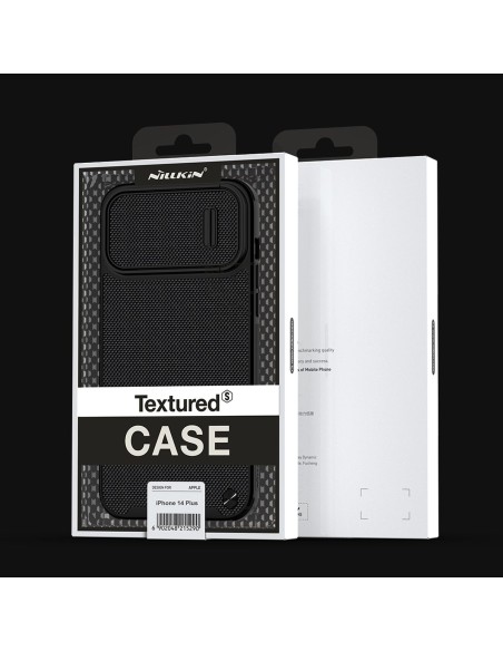 Nillkin Textured S Case iPhone 14 Plus šarvuotas dangtelis su fotoaparato dangteliu, juodas