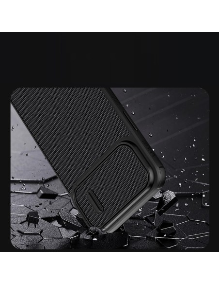 Nillkin Textured S Case iPhone 14 Plus šarvuotas dangtelis su fotoaparato dangteliu, juodas